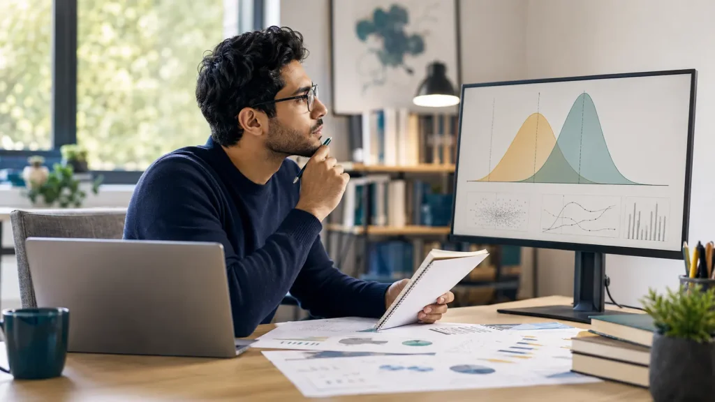 Psychology researcher reviewing prior and posterior distributions for Bayesian analysis