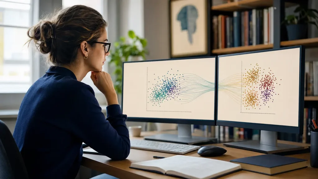 Psychology researcher examining linked multivariable data patterns across two computer screens