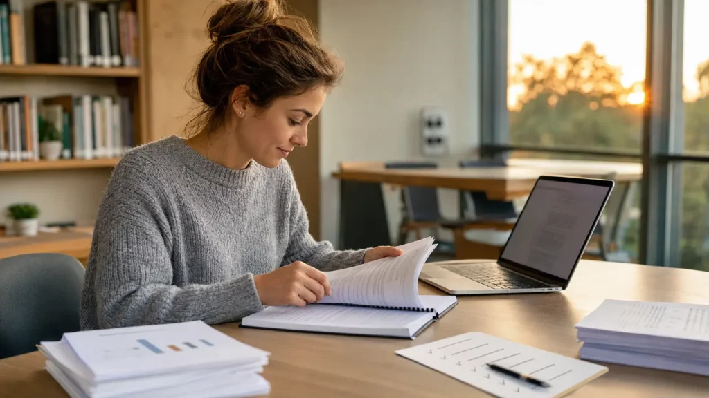 Psychology postgraduate student reviewing the conclusion of a completed dissertation