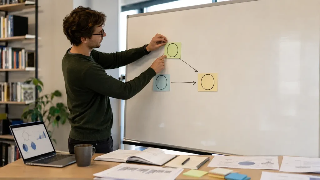 Psychology postgraduate researcher classifying psychology dissertation confounding variables in a simple diagram
