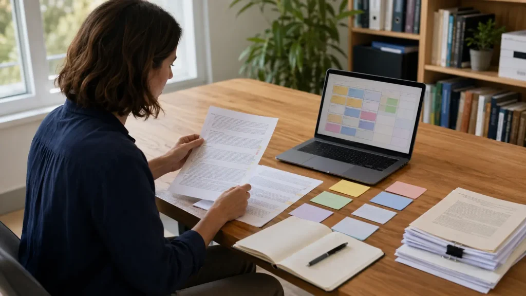 Psychology researcher coding anonymised documents for a dissertation content analysis