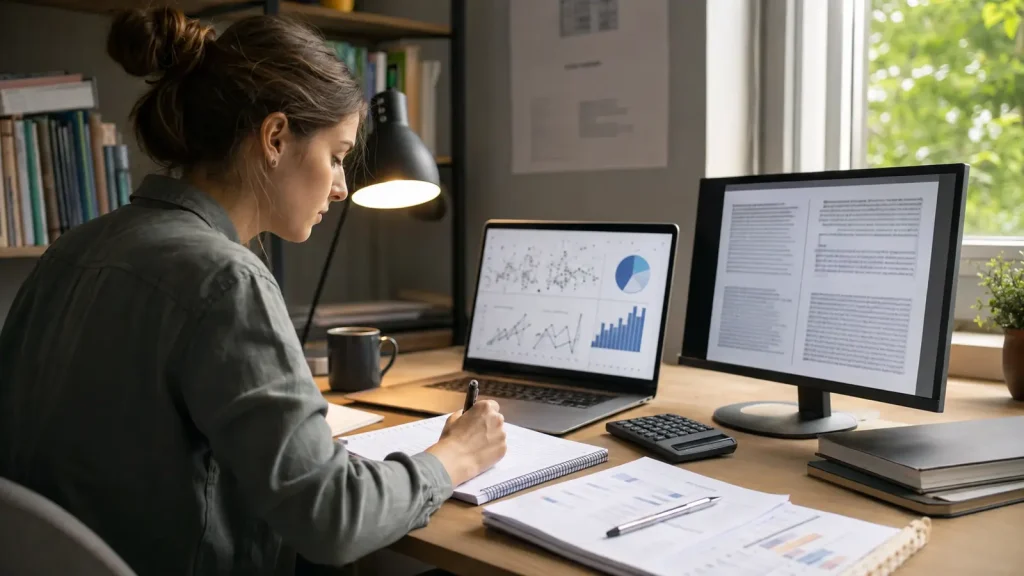 Psychology postgraduate researcher analysing statistical plots and qualitative transcripts at a desk