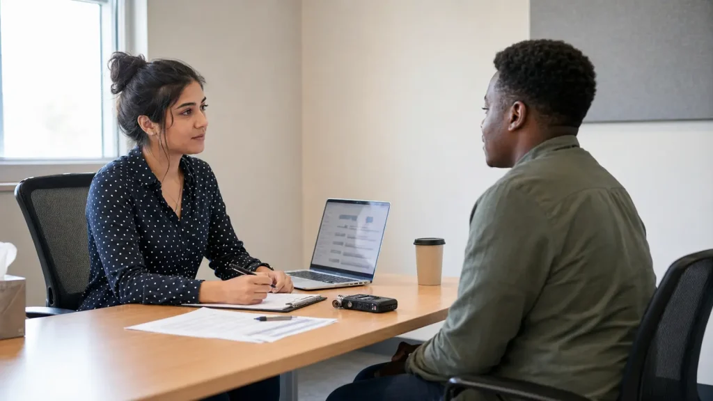 Psychology researcher conducting a structured data collection session with an adult participant