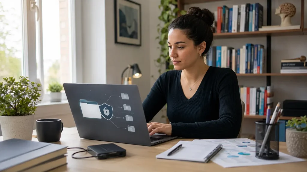Psychology postgraduate organising secure dissertation research data on a laptop