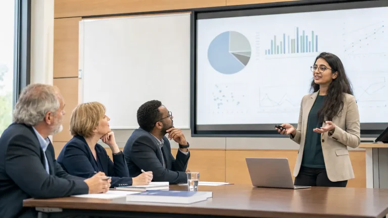 Psychology postgraduate presenting dissertation findings to an academic panel