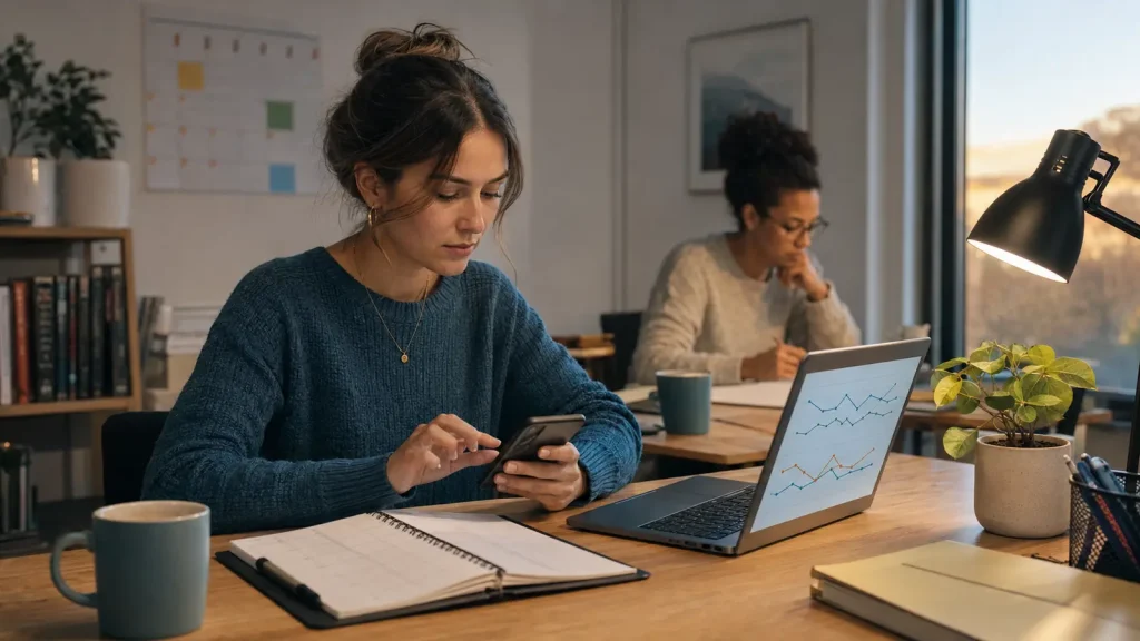Psychology researcher completes an end-of-day digital diary beside daily trend charts
