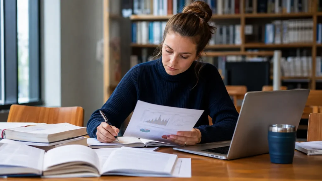 Psychology student comparing research findings and literature while writing a dissertation discussion section