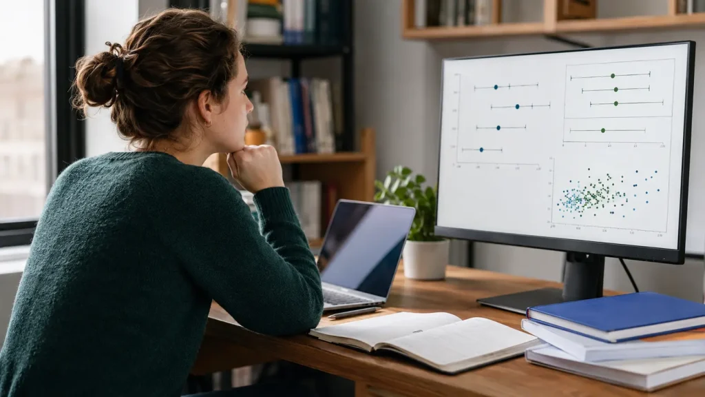 Psychology postgraduate reviewing effect-size estimates and confidence intervals on a monitor