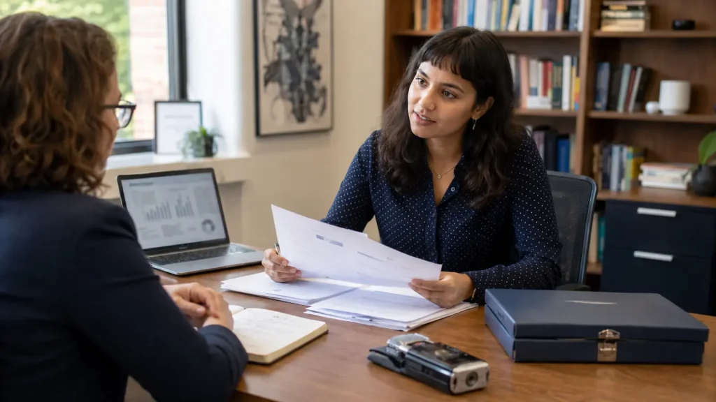 Psychology postgraduate researcher reviewing dissertation ethics documents with a supervisor