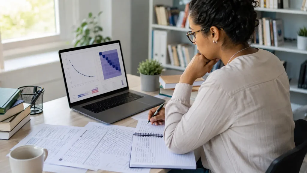 Psychology postgraduate reviewing a scree plot and factor-loading matrix on a laptop