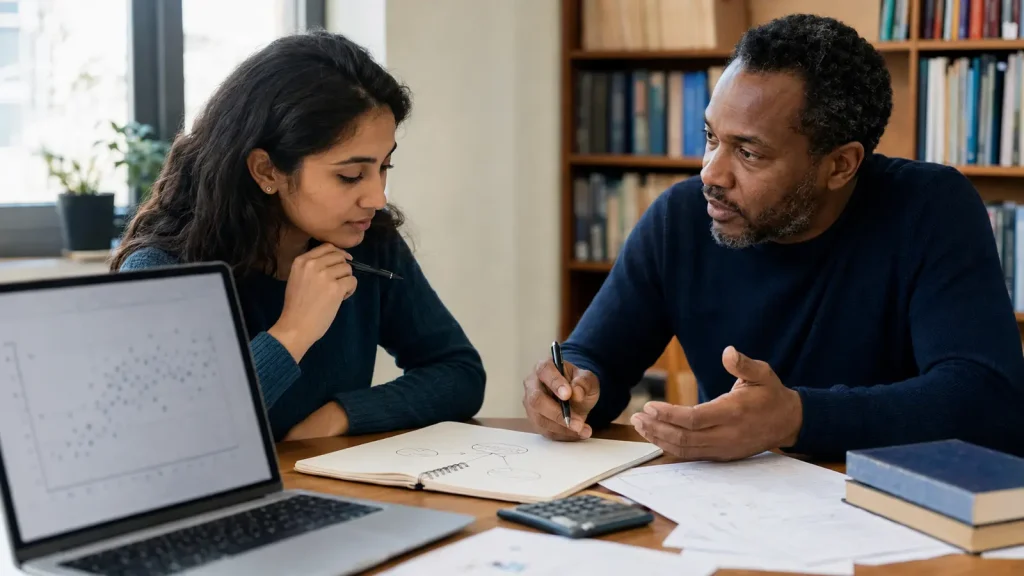 Psychology postgraduate researcher and supervisor mapping dissertation hypotheses and variables
