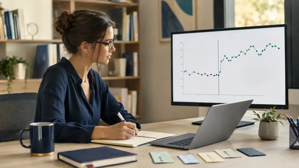 Psychology researcher examining an interrupted time series chart at a university workstation