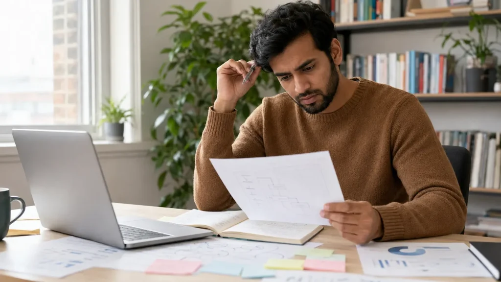 Psychology postgraduate reviewing dissertation limitations at a university desk