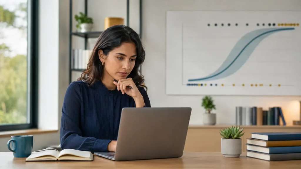 Psychology researcher reviewing binary outcomes and a logistic probability curve
