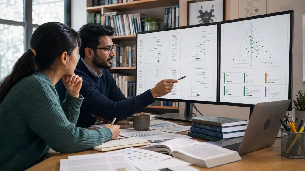 Psychology researchers reviewing forest plots and a funnel plot for a dissertation meta-analysis