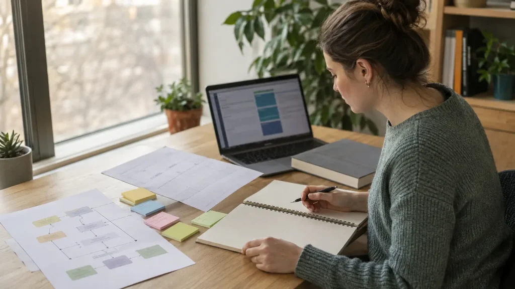 Postgraduate psychology student planning a dissertation methodology with research design notes