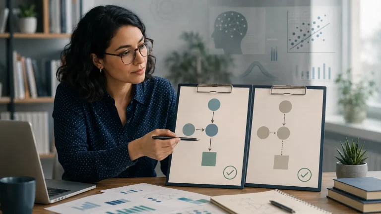 Psychology researcher comparing primary and negative control causal pathways for bias detection