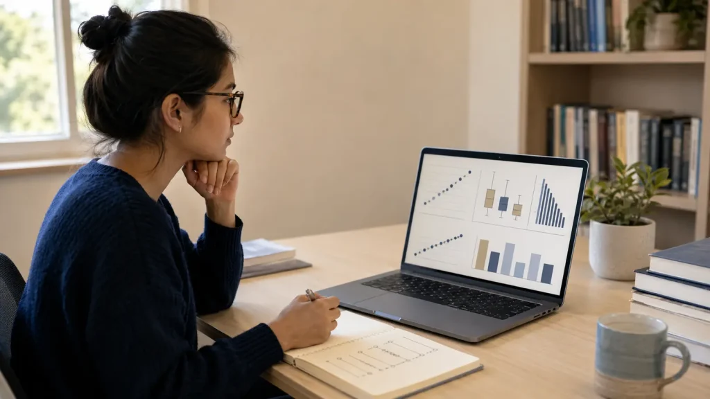 Psychology postgraduate reviewing ranked data, boxplots, and ordered distributions on a laptop