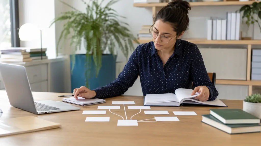 Psychology postgraduate mapping an abstract construct to measurement and coding decisions on a study desk