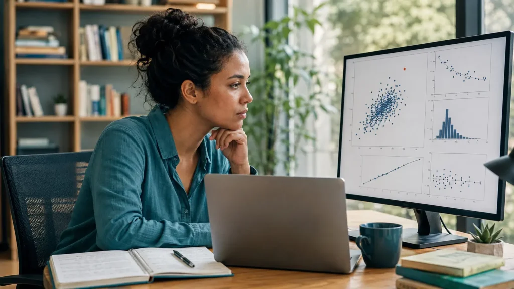 Psychology postgraduate reviewing an unusual data point and regression diagnostics on a laptop