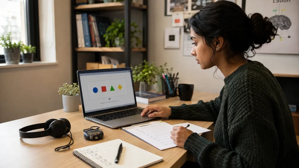 Psychology postgraduate testing a cognitive task and questionnaire during a pilot study