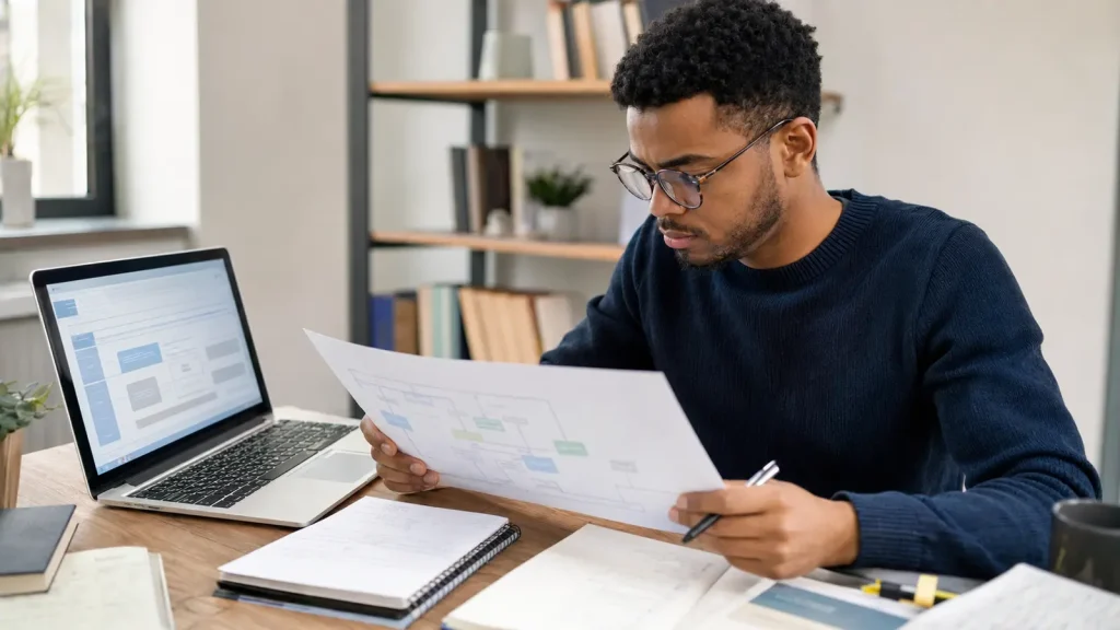 Psychology postgraduate reviewing a dissertation preregistration plan before data collection