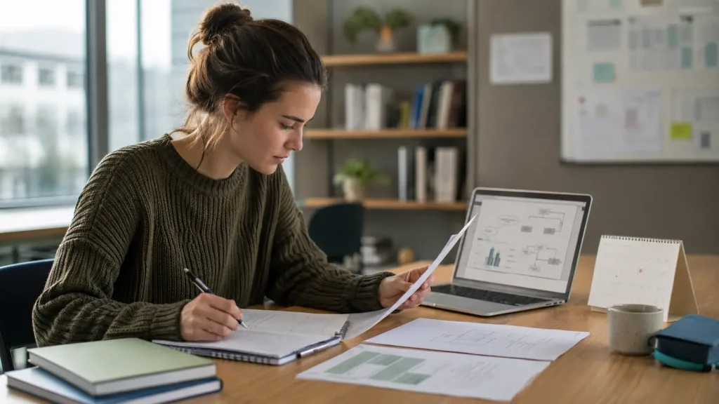 Psychology student reviewing a dissertation proposal, research plan, and timeline at a university desk