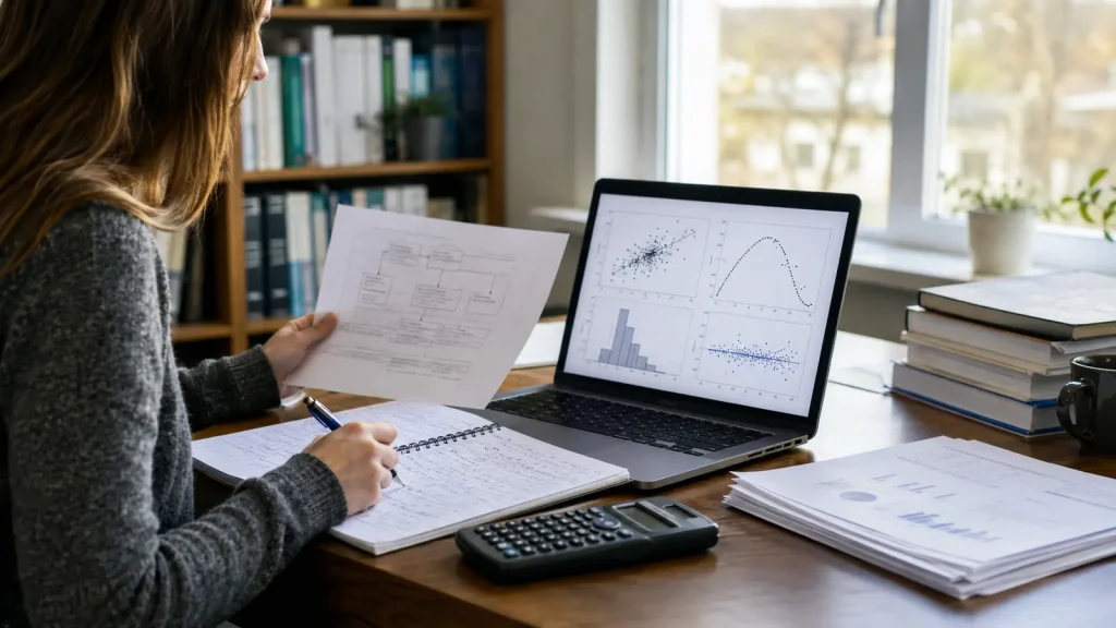 Psychology researcher reviewing regression diagnostics and an analysis plan