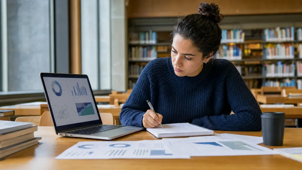 Psychology student reviewing charts while writing a dissertation results section in a university library