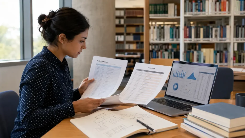 Psychology postgraduate comparing a data dictionary and codebook for secondary data analysis