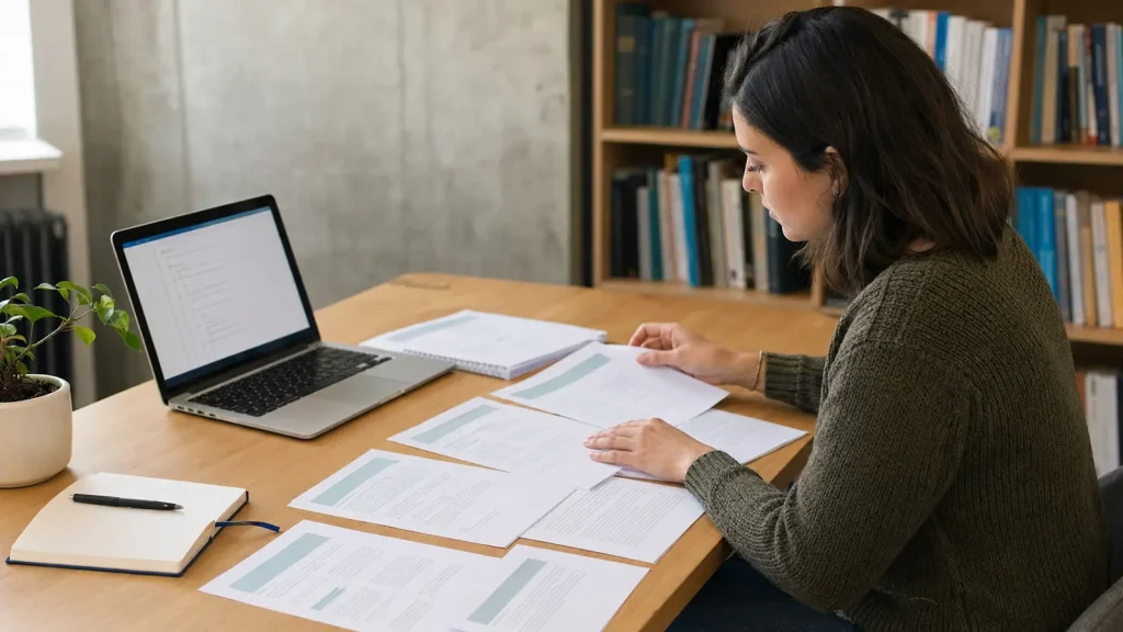 Psychology student organizing dissertation chapters beside a laptop in a university study space