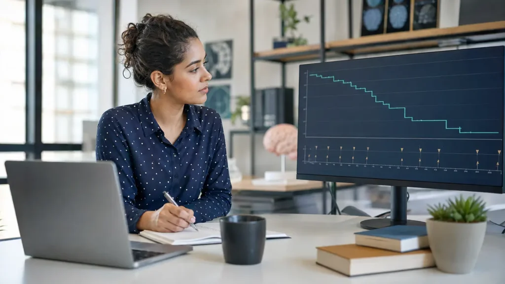Psychology researcher reviewing a Kaplan-Meier survival curve and participant timeline